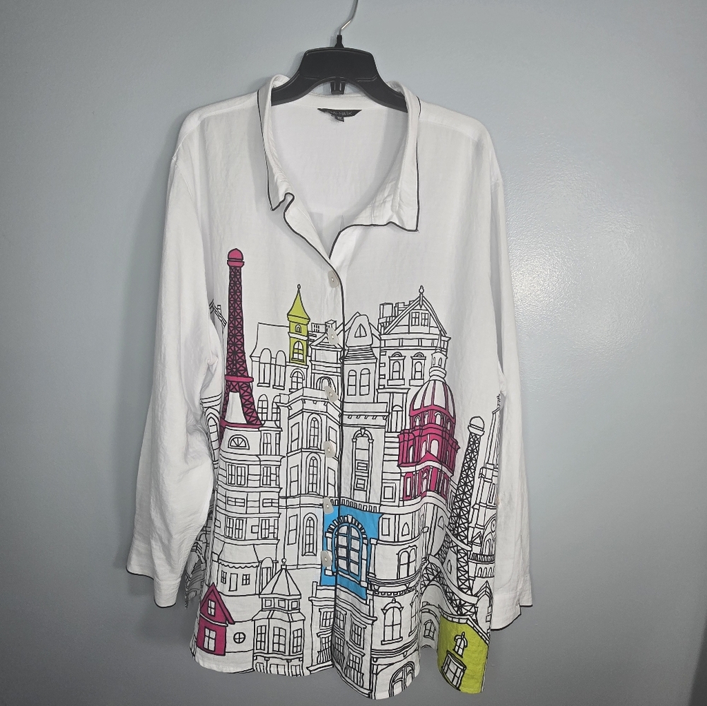 JOHN-MARK White Shirt with Colorful Cityscape Design